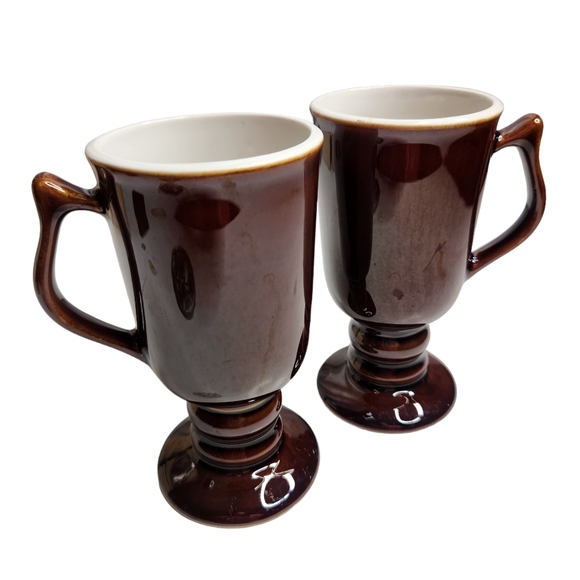 Two Irish Coffee Mugs Footed Pedestal Base Hall Mugs Ceramic USA Brown - Picture 2 of 7